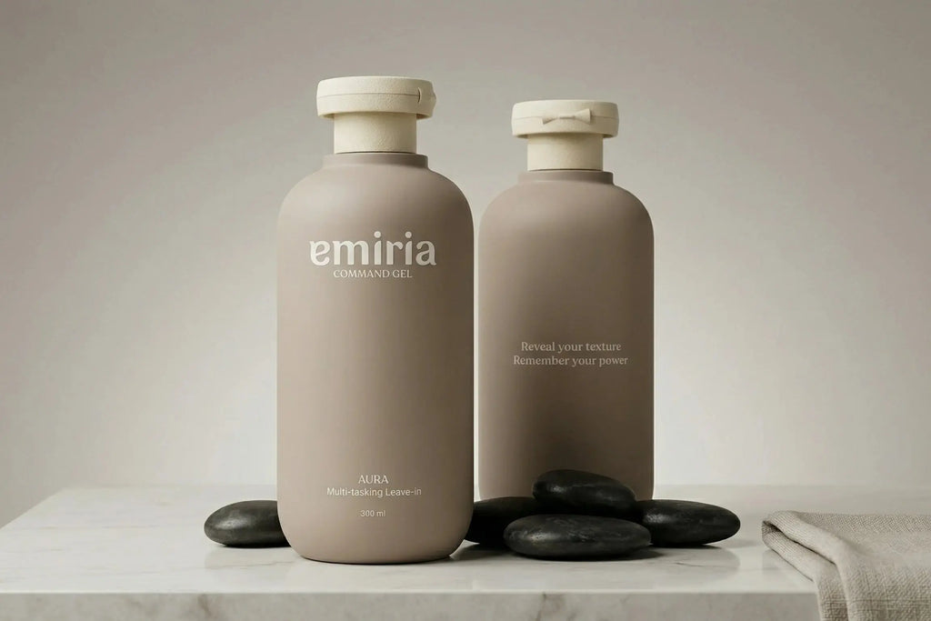 Two beige bottles labeled 'emiria' on a marble surface with stones.