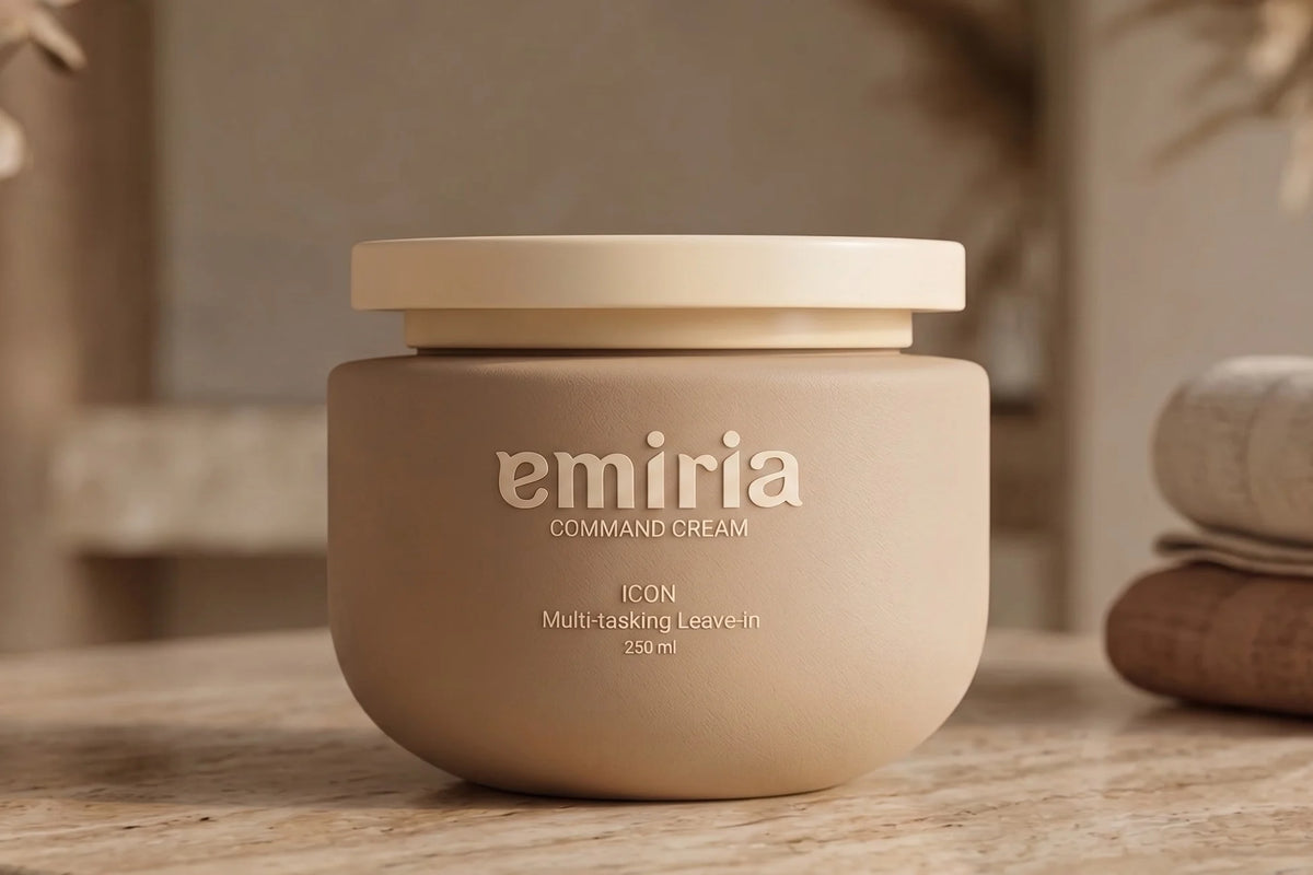A beige cosmetic jar labeled 'emiria' sits on a stone countertop in a softly styled bathroom setting with folded towels and dried flowers in the background.