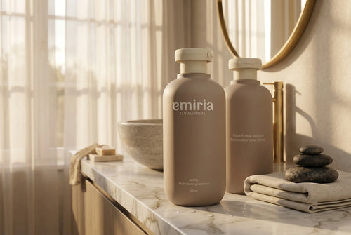 Two Emiria Cosmetics bottles on a marble surface with a neutral color scheme.