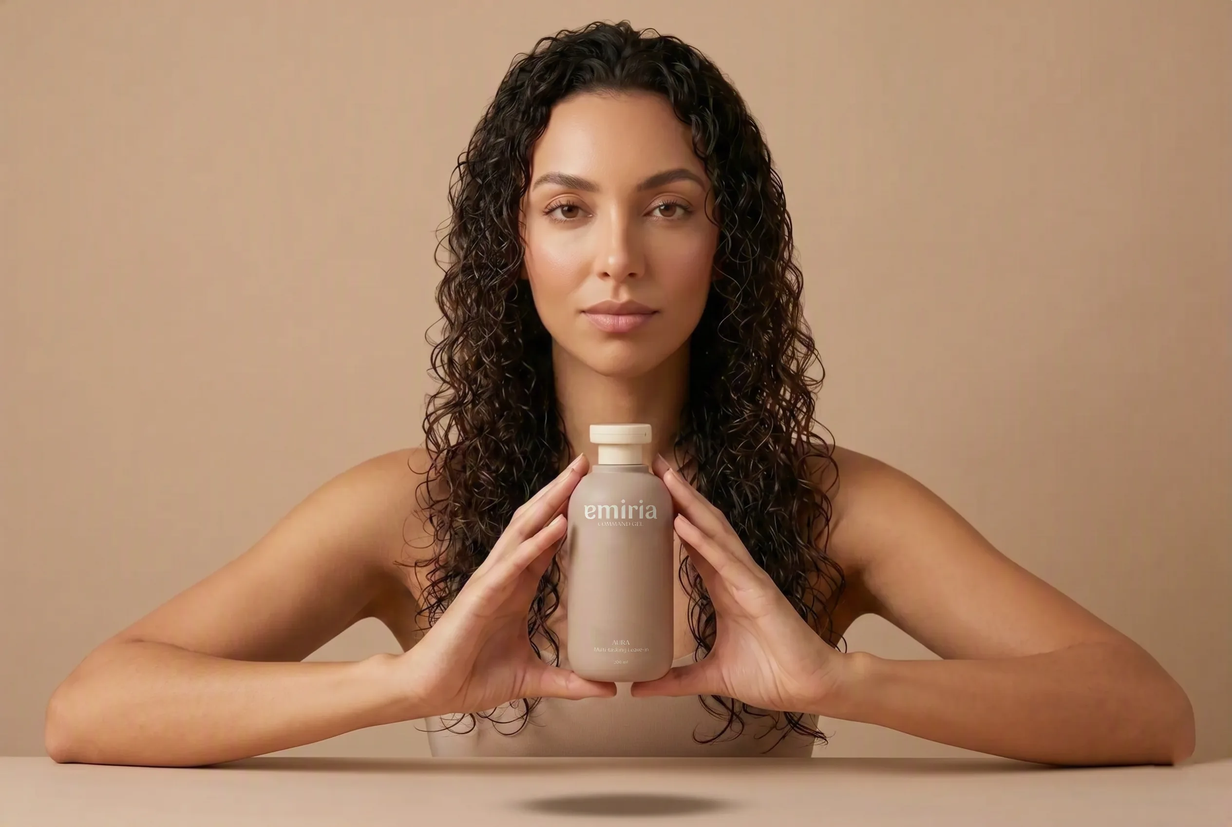Woman holding a Emiria bottle against a beige background