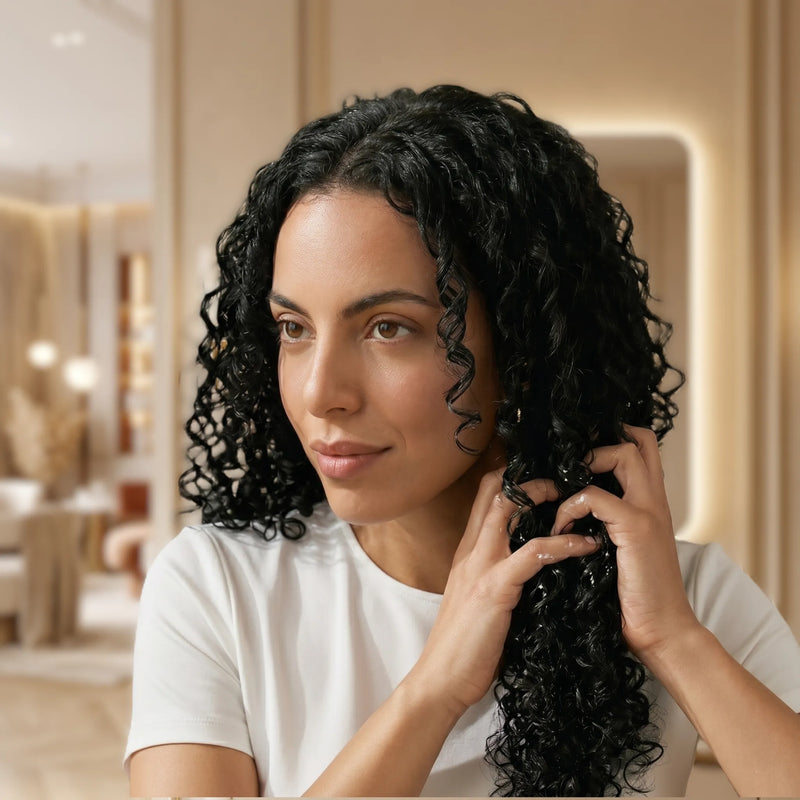 Woman with styled hair in a salon setting