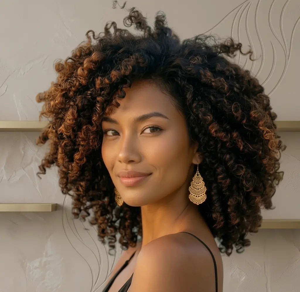 A woman with voluminous, tightly curled brown hair is shown in a close-up portrait, wearing large gold tassel-style earrings against a light textured wall.