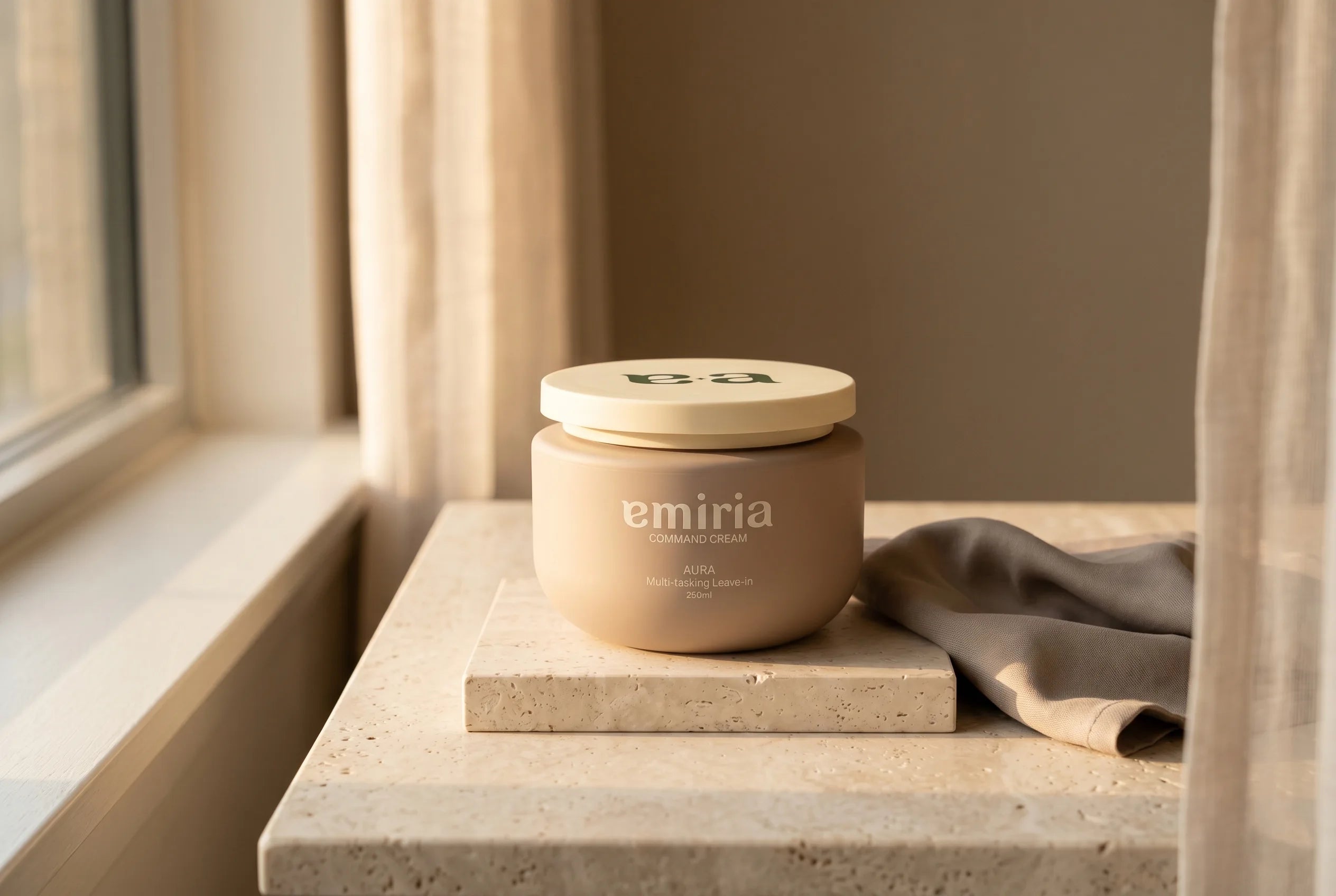 Jar of emiria cream on a stone surface with curtains in the background