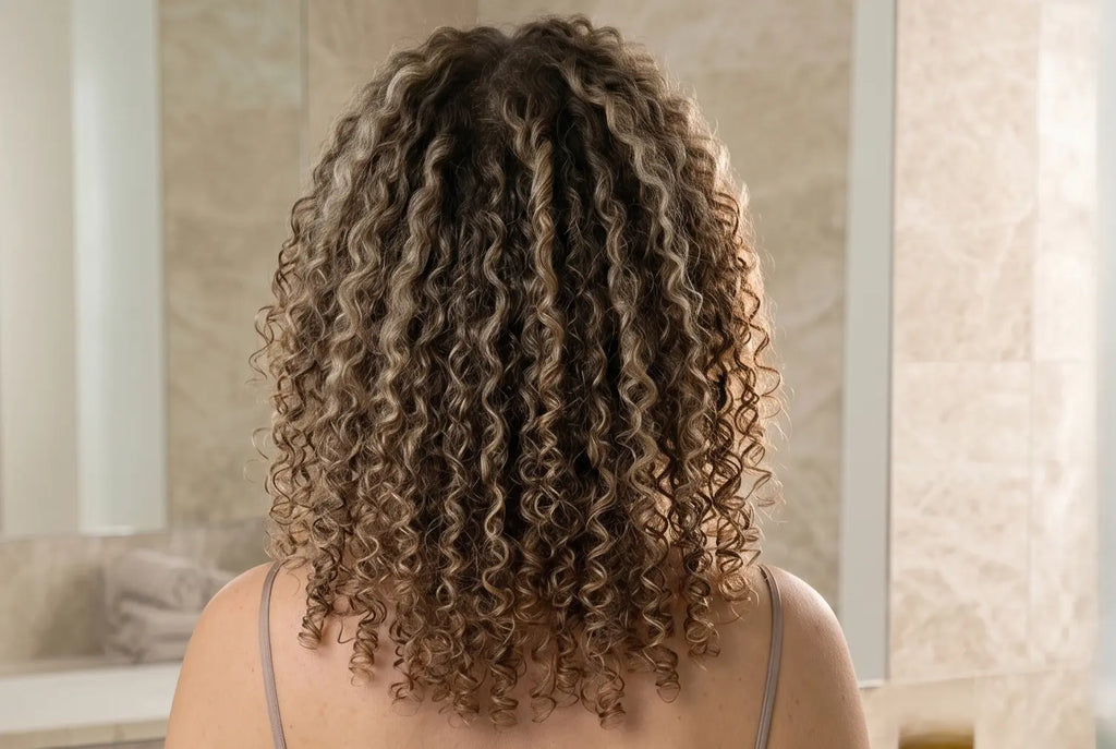 Person with curly hair standing in front of a bathroom mirror.