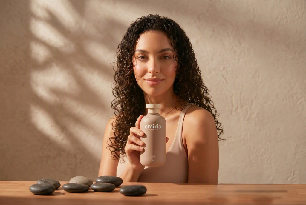 Woman holding a bottle of 'Luminia' product with stones on a wooden surface and beige wall background
