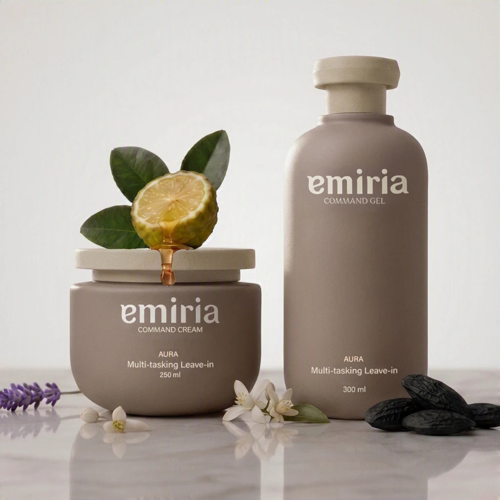 Emiria Command Cream and Aura Multi-tasking Leave-in set on a reflective white surface with decorative green leaves, a lemon slice, and black beans against a light gray background.