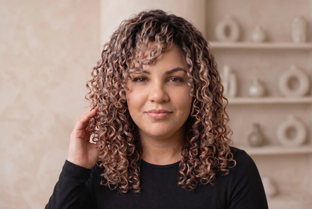 Woman with curly hair in a black top against a neutral background