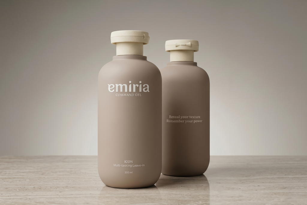 Two beige bottles with white caps on a wooden surface and gray background