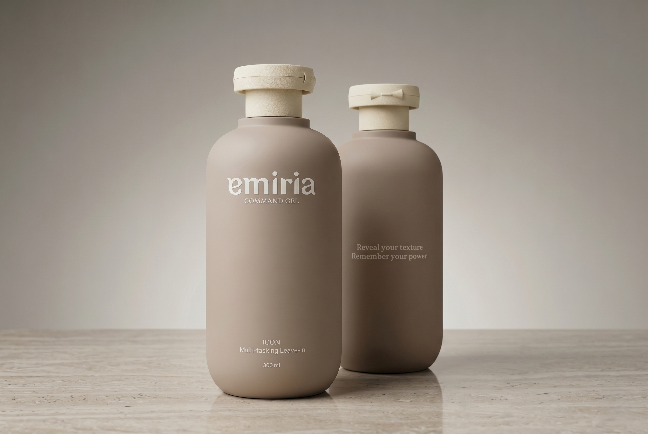 Two beige bottles with white caps on a wooden surface and gray background