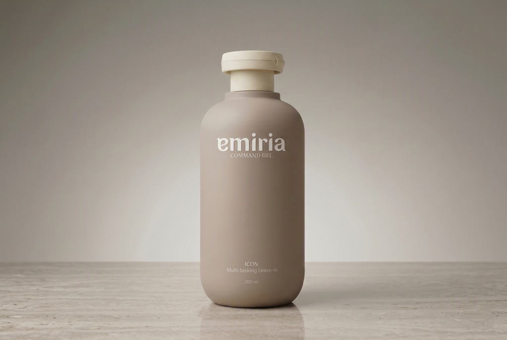 Beige bottle with 'emiria' branding on a wooden surface and beige background
