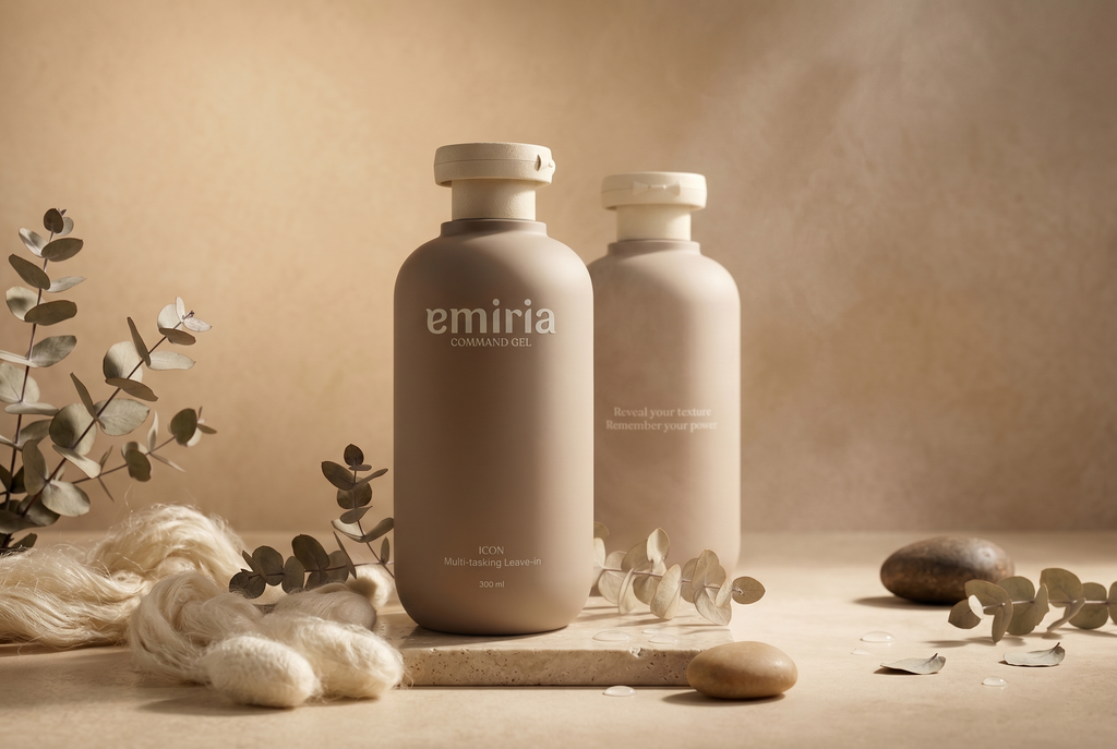Two emria bottles on a neutral background with eucalyptus leaves and stones.