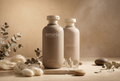 Two emria bottles on a neutral background with eucalyptus leaves and stones.