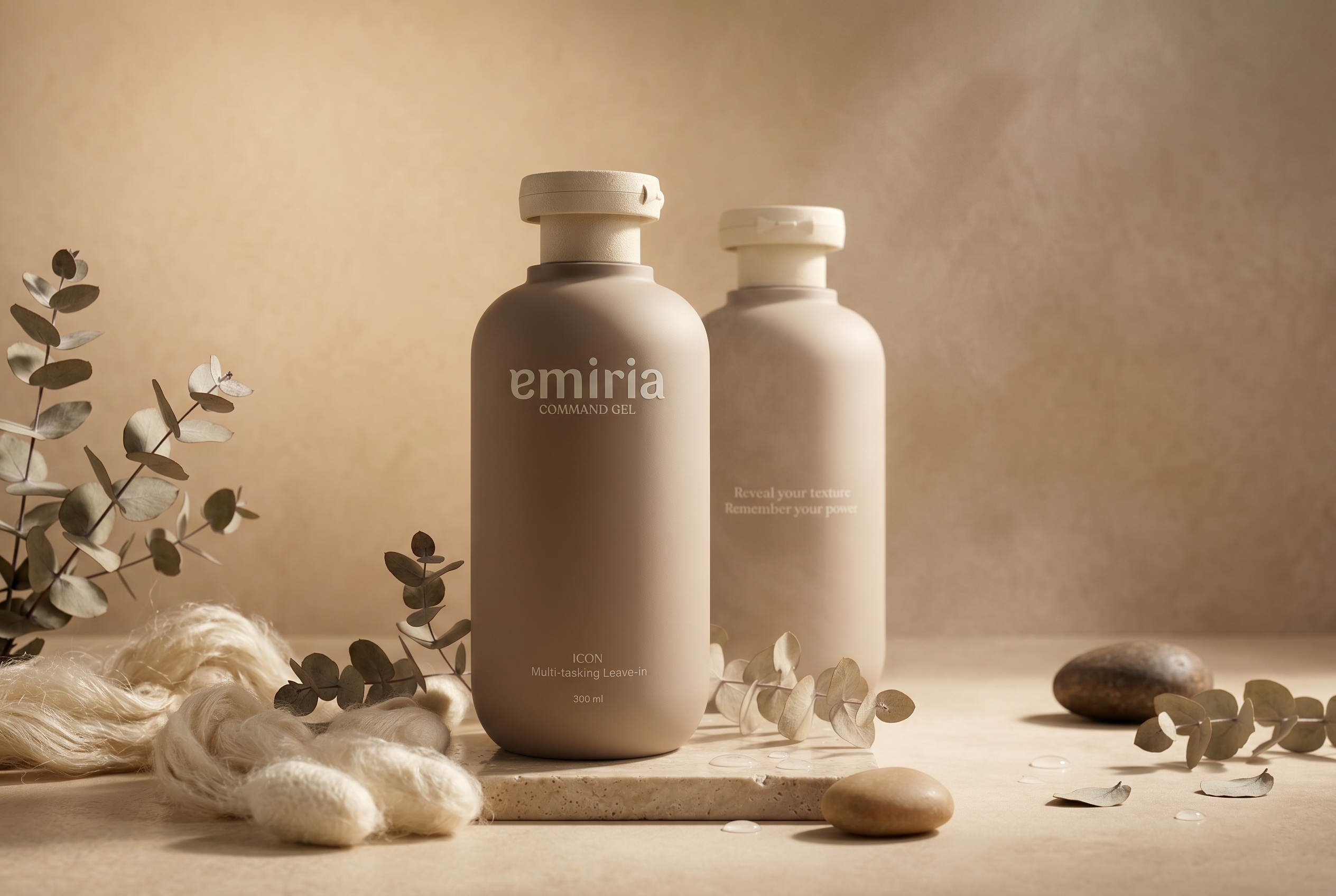 Two emria bottles on a neutral background with eucalyptus leaves and stones.